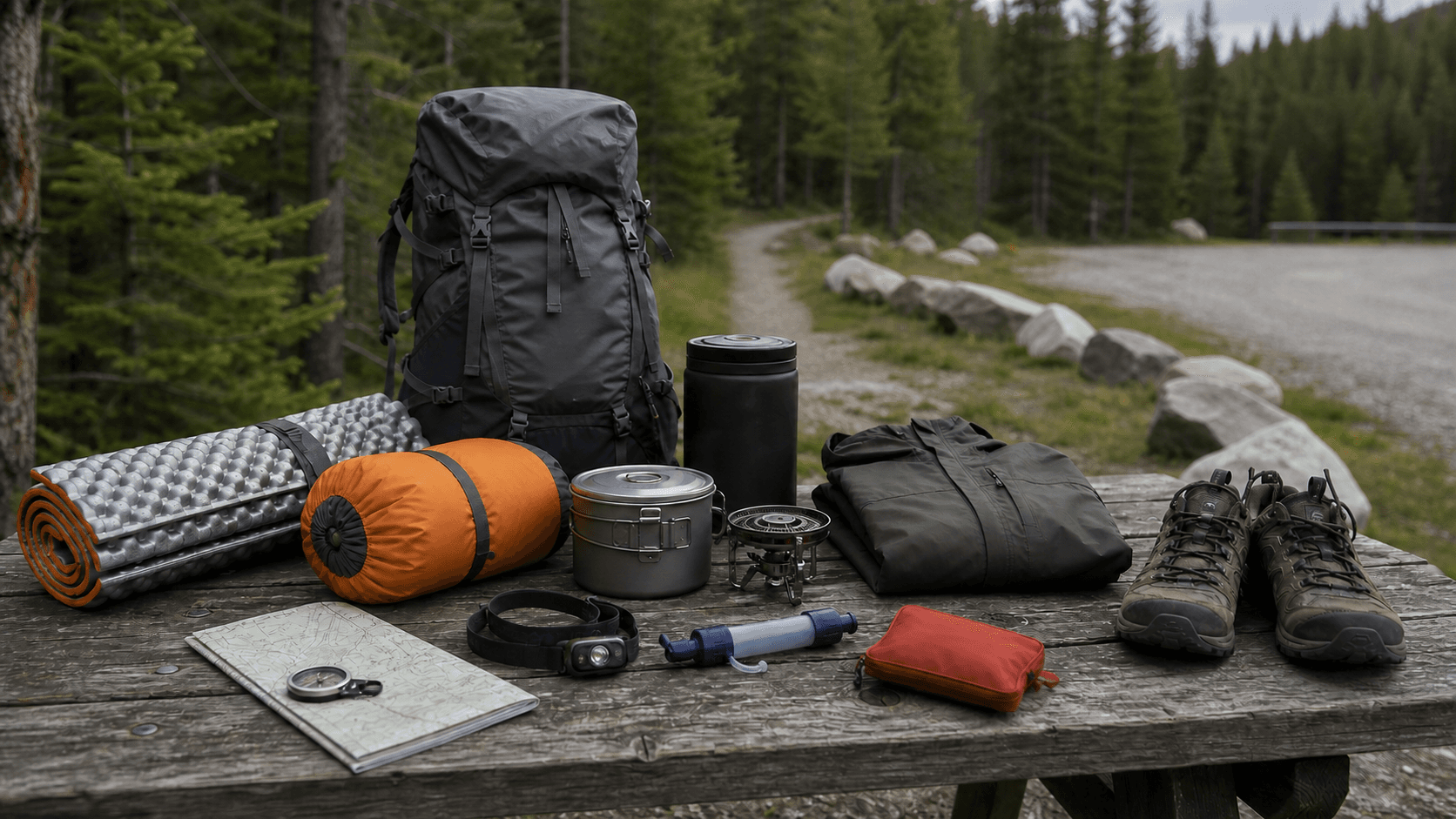 A beginner backpacking kit laid out on a weathered trailhead table with a forest trail and gravel access road behind it