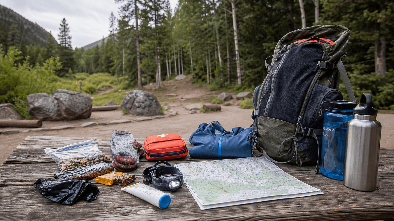 A daypack, water bottles, rain shell, map, snacks, headlamp, first-aid kit, and hiking essentials laid out on a trailhead picnic table