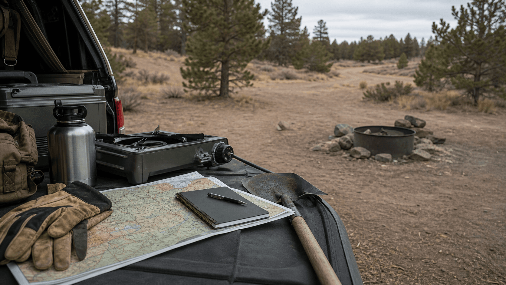 Camping planning gear, an unlit stove, gloves, a shovel, and a cold fire ring at a dry public land pullout