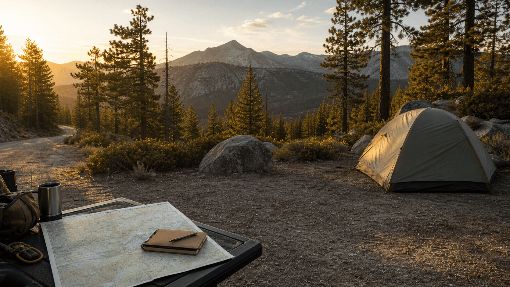 A quiet dispersed campsite near forest roads with public land and mountains in the distance