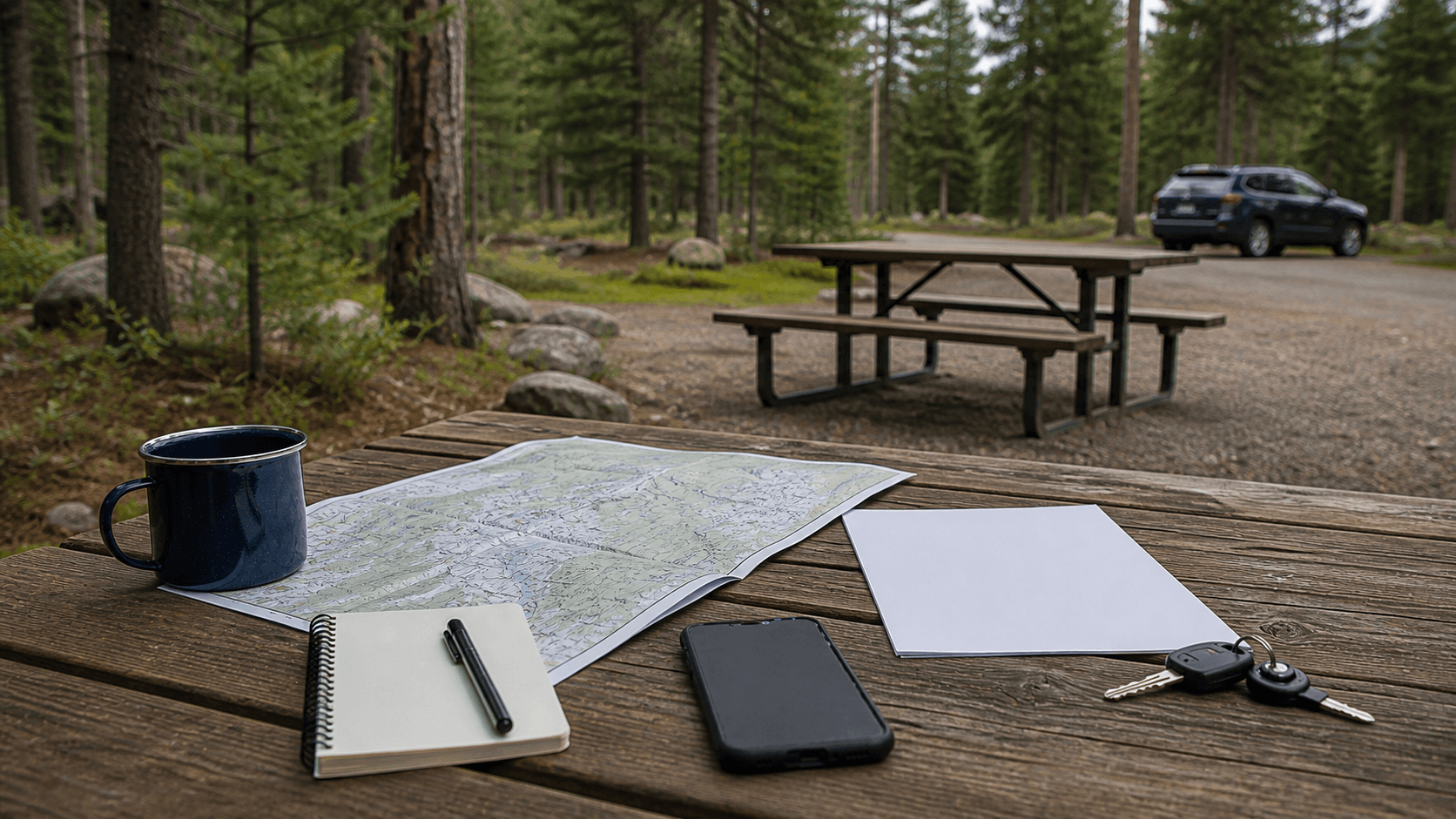 A campground picnic table with a map, notebook, phone, keys, and blank reservation sheet ready for campsite planning