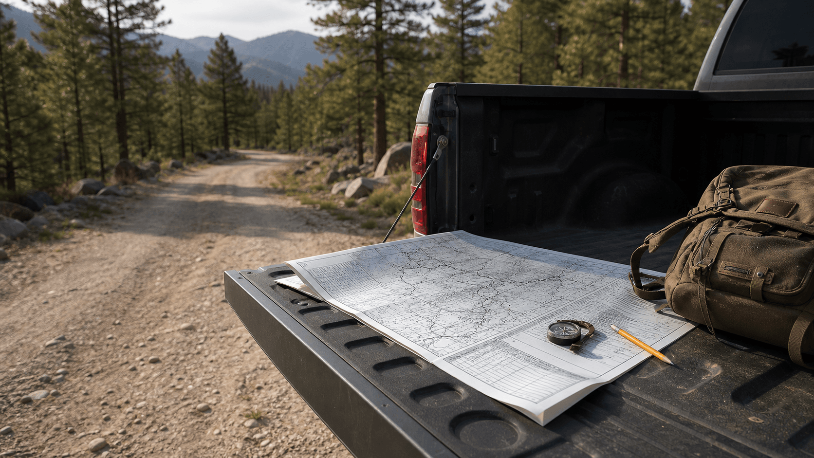 A forest road pullout with a paper motor vehicle use map, a compass, and a backpack on a truck tailgate in a pine forest